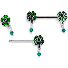Load image into Gallery viewer, 14G 9/16 Green Gem Shamrock Glam St Patricks Dangle Nipple Ring Set