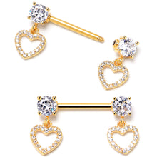 Load image into Gallery viewer, 14G 9/16 Clear CZ Gem Gold Tone Paved Heart Dangle Nipple Ring Set