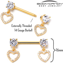 Load image into Gallery viewer, 14G 9/16 Clear CZ Gem Gold Tone Paved Heart Dangle Nipple Ring Set
