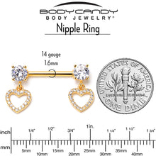 Load image into Gallery viewer, 14G 9/16 Clear CZ Gem Gold Tone Paved Heart Dangle Nipple Ring Set