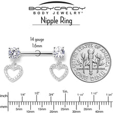 Load image into Gallery viewer, 14G 9/16 Clear CZ Gem Paved Heart Dangle Nipple Ring Set