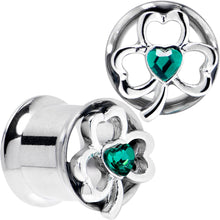 Load image into Gallery viewer, Green Gem Heart Shamrock St Patricks Tunnel Plug Set Sizes 10mm to 16mm