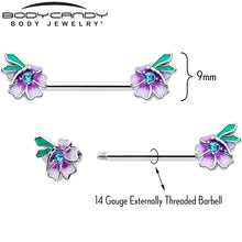 Load image into Gallery viewer, 14G 9/16 Blue Gem Faerie Flower Purple Barbell Nipple Ring Set