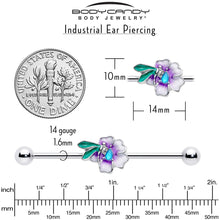 Load image into Gallery viewer, 14G Blue Gem Faerie Flower Purple Industrial Barbell 38mm