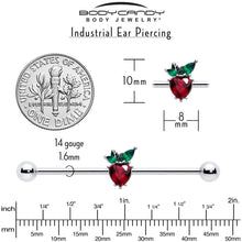 Load image into Gallery viewer, 14G Red Green Gem Strawberry Heart Industrial Barbell 38mm