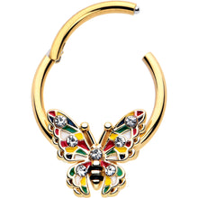 Load image into Gallery viewer, 16G 3/8 Clear Gem Gold Tone Color Block Butterfly Hinged Segment Ring