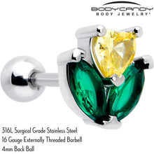 Load image into Gallery viewer, 16G 1/4 Yellow Green CZ Gem Love Flower Cartilage Tragus Earring