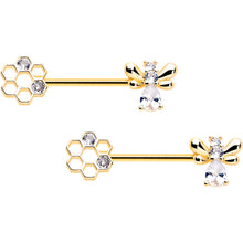 Load image into Gallery viewer, 14G 9/16 Clear CZ Gem Gold Tone Bee Hive Luv Barbell Nipple Ring Set