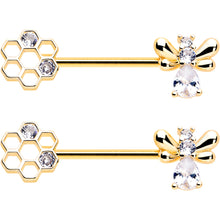 Load image into Gallery viewer, 14G 9/16 Clear CZ Gem Gold Tone Bee Hive Luv Barbell Nipple Ring Set