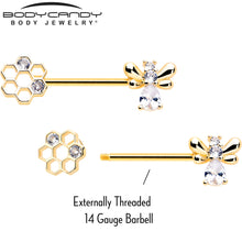 Load image into Gallery viewer, 14G 9/16 Clear CZ Gem Gold Tone Bee Hive Luv Barbell Nipple Ring Set