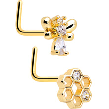 Load image into Gallery viewer, 20G 7mm Clear CZ Gem Gold Tone Bee Hive Luv L Shape Nose Ring Set of 2