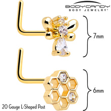 Load image into Gallery viewer, 20G 7mm Clear CZ Gem Gold Tone Bee Hive Luv L Shape Nose Ring Set of 2