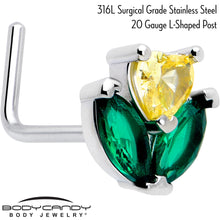 Load image into Gallery viewer, 20G 7mm Yellow Green CZ Gem Love Flower L Shape Nose Ring