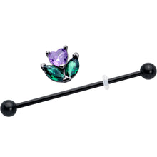 Load image into Gallery viewer, 14G Purple Green CZ Gem Black Love Flower Industrial Barbell 38mm