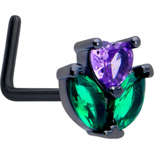 Load image into Gallery viewer, 20G 7mm Purple Green CZ Gem Black Love Flower L Shape Nose Ring