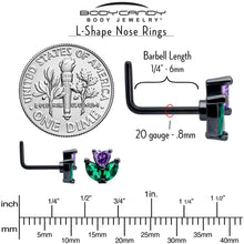 Load image into Gallery viewer, 20G 7mm Purple Green CZ Gem Black Love Flower L Shape Nose Ring