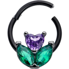 Load image into Gallery viewer, 16G 3/8 Purple Green CZ Gem Black Love Flower Hinged Segment Ring