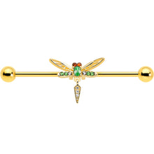 Load image into Gallery viewer, 14G Green Gem Gold Tone Swank Dragonfly Dangle Industrial Barbell 38mm