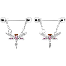Load image into Gallery viewer, 14G 9/16 Pink Gem Swank Dragonfly Dangle Nipple Ring Set