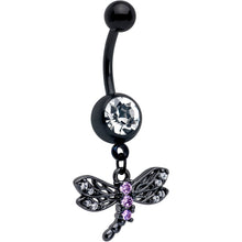 Load image into Gallery viewer, Purple CZ Gem Black Night Dragonfly Dangle Belly Ring