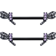 Load image into Gallery viewer, 14G 9/16 Purple CZ Gem Black Night Dragonfly Barbell Nipple Ring Set