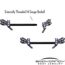 Load image into Gallery viewer, 14G 9/16 Purple CZ Gem Black Night Dragonfly Barbell Nipple Ring Set