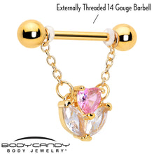 Load image into Gallery viewer, 14G 9/16 Pink CZ Gem Gold Tone Love Flower Dangle Nipple Ring Set