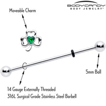 Load image into Gallery viewer, 14G Green Gem Heart Shamrock St Patricks Day Industrial Barbell 38mm
