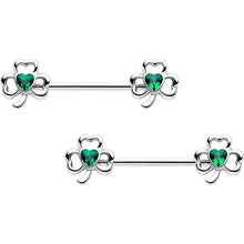 Load image into Gallery viewer, 14G 3/4 Green Gem Heart Shamrock St Patricks Nipple Ring Set