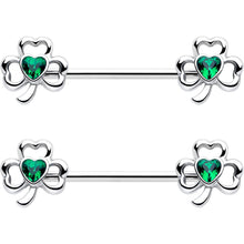 Load image into Gallery viewer, 14G 3/4 Green Gem Heart Shamrock St Patricks Nipple Ring Set