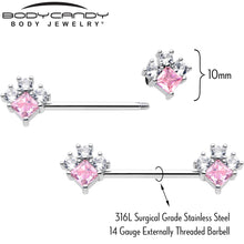 Load image into Gallery viewer, 14G 9/16 Pink Clear CZ Gem Rhombus Riot Barbell Nipple Ring Set