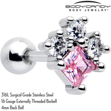 Load image into Gallery viewer, 16G 1/4 Pink Clear CZ Gem Rhombus Riot Cartilage Tragus Earring