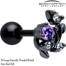 Load image into Gallery viewer, 16G 1/4 Purple CZ Gem Black Twining Vine Cartilage Tragus Earring