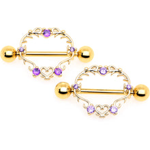 Load image into Gallery viewer, 14G 9/16 Purple CZ Gem Gold Tone Heart Filigree Nipple Shield Set