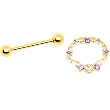 Load image into Gallery viewer, 14G 9/16 Purple CZ Gem Gold Tone Heart Filigree Nipple Shield Set