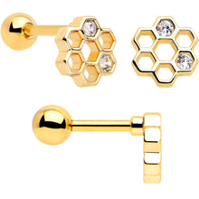 Load image into Gallery viewer, 16G 1/4 Clear CZ Gem Gold Tone Bee Hive Luv Cartilage Earring Set of 2