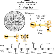 Load image into Gallery viewer, 16G 1/4 Clear CZ Gem Gold Tone Bee Hive Luv Cartilage Earring Set of 2