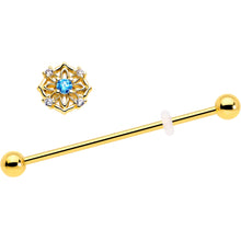 Load image into Gallery viewer, 14G Blue CZ Gem Gold Tone Flower Ring Industrial Barbell 38mm