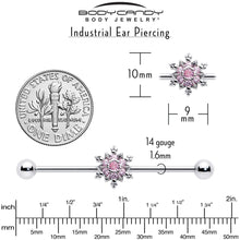 Load image into Gallery viewer, 14G Pink CZ Gem Snowflake Glam Industrial Barbell 38mm
