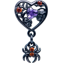 Load image into Gallery viewer, 16G 1/4 Red CZ Gem Black Heart Spider Skull Dangle Cartilage Earring