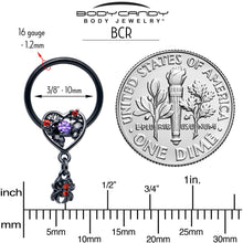 Load image into Gallery viewer, 16G 3/8 Red CZ Gem Black Heart Spider Skull Dangle BCR Captive Ring