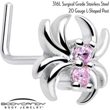 Load image into Gallery viewer, 20G 7mm Pink CZ Gem Sleek Spider L Shape Nose Ring