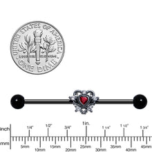 Load image into Gallery viewer, 14G Red CZ Gem Black Double Heart Industrial Barbell 38mm