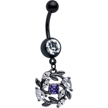 Load image into Gallery viewer, Purple Clear Gem Black Twining Vine Dangle Belly Ring