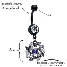 Load image into Gallery viewer, Purple Clear Gem Black Twining Vine Dangle Belly Ring