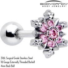 Load image into Gallery viewer, 16G 1/4 Pink CZ Gem Glam Snowflake Cartilage Tragus Earring