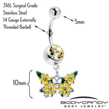 Load image into Gallery viewer, Yellow CZ Gem Blooming Butterfly Dangle Belly Ring