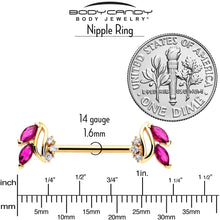 Load image into Gallery viewer, 14G 9/16 Red CZ Gem Gold Tone Swirl Fan Barbell Nipple Ring Set