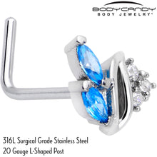 Load image into Gallery viewer, 20G 7mm Blue CZ Gem Swirl Fan L Shape Nose Ring