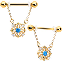 Load image into Gallery viewer, 14G 9/16 Blue CZ Gem Gold Tone Flower Ring Dangle Nipple Ring Set